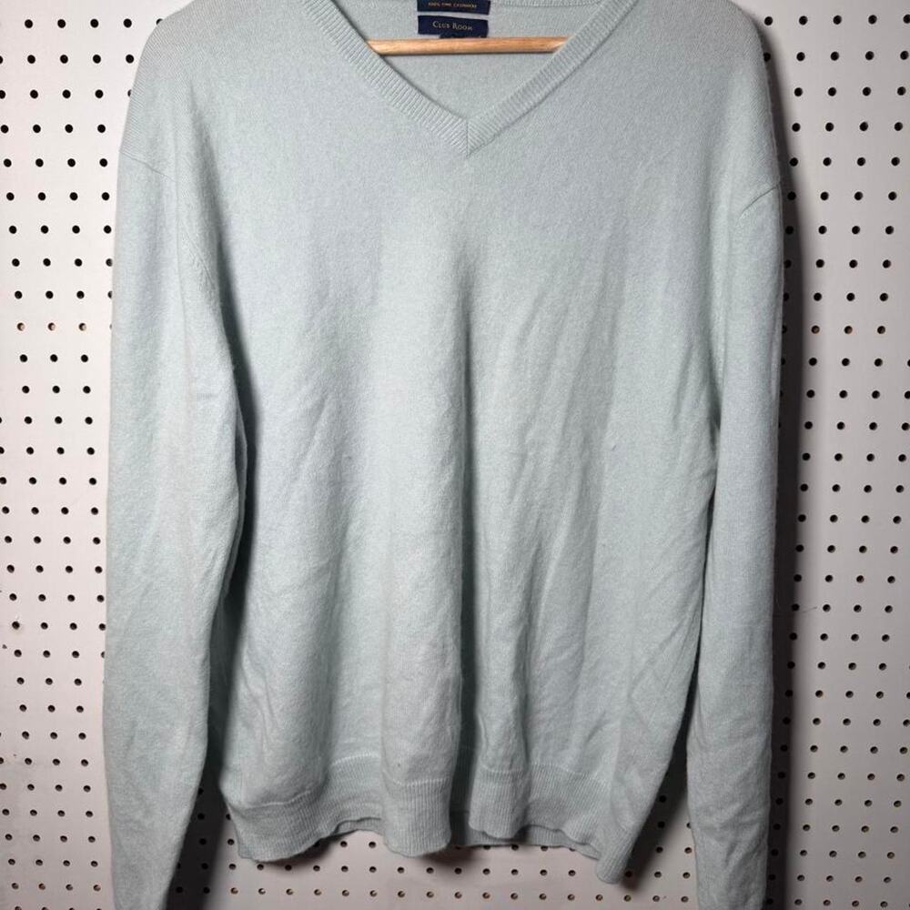Club Room 100% Cashmere V Neck Sweater Light Blue Check Pictures for size.